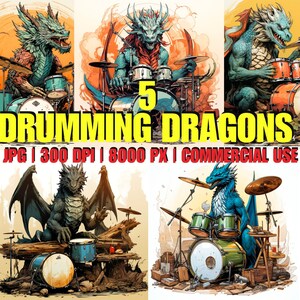 Drumming Dragon Wall Art Bundle 5 JPG, Free Commercial Use, Digital Art Printable Graphic Design DIY, Poster, Room Decoration