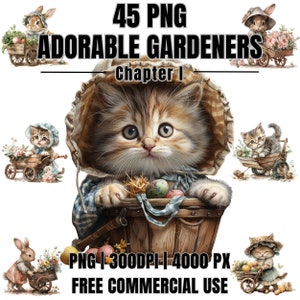 Cute Cat Gardener, Bunny Farmer, Floral Kitten, Floral Bunny, Spring Garden, Veggie Cart, Watercolor Clipart Bundle 45 PNG, Nursery Decor 01