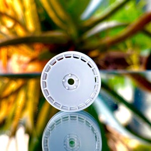 May include: A white, circular object with a series of small, evenly spaced cutouts around the edge. The object has a central hole and a ridged design. The background is a blurred view of green and yellow foliage.