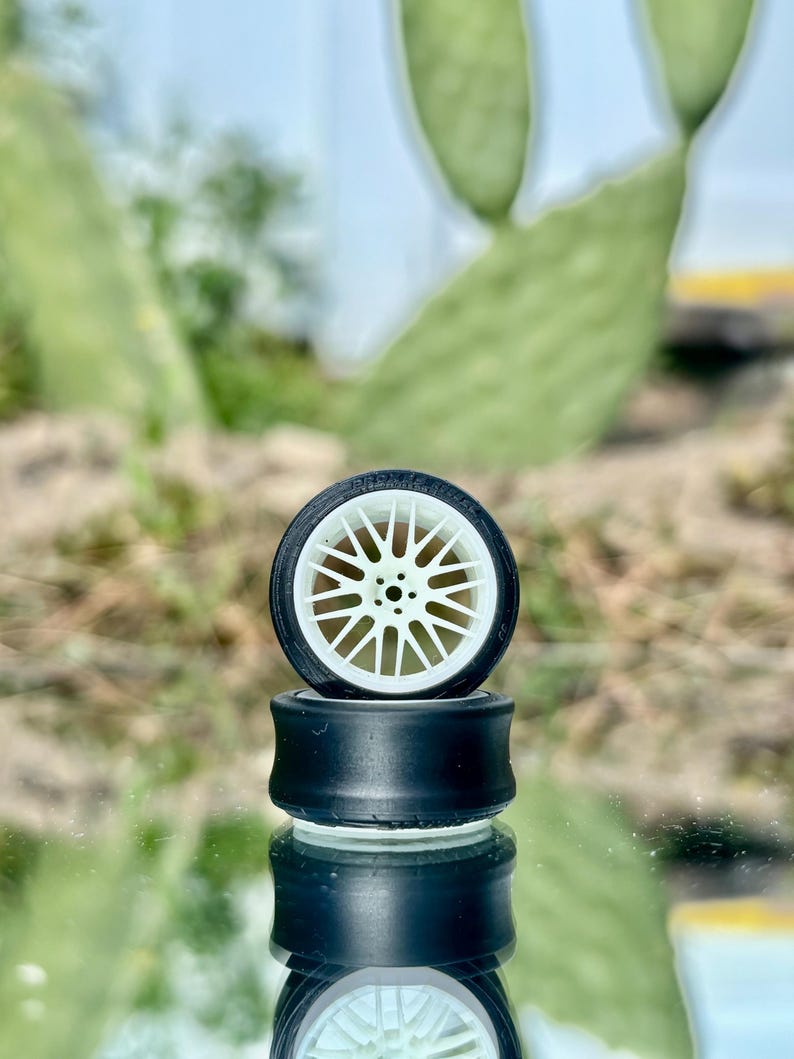 May include: A miniature black and white car wheel with a white spoke design is stacked on top of a black cylinder. The wheel is set against a blurred background of green foliage and a light blue sky.