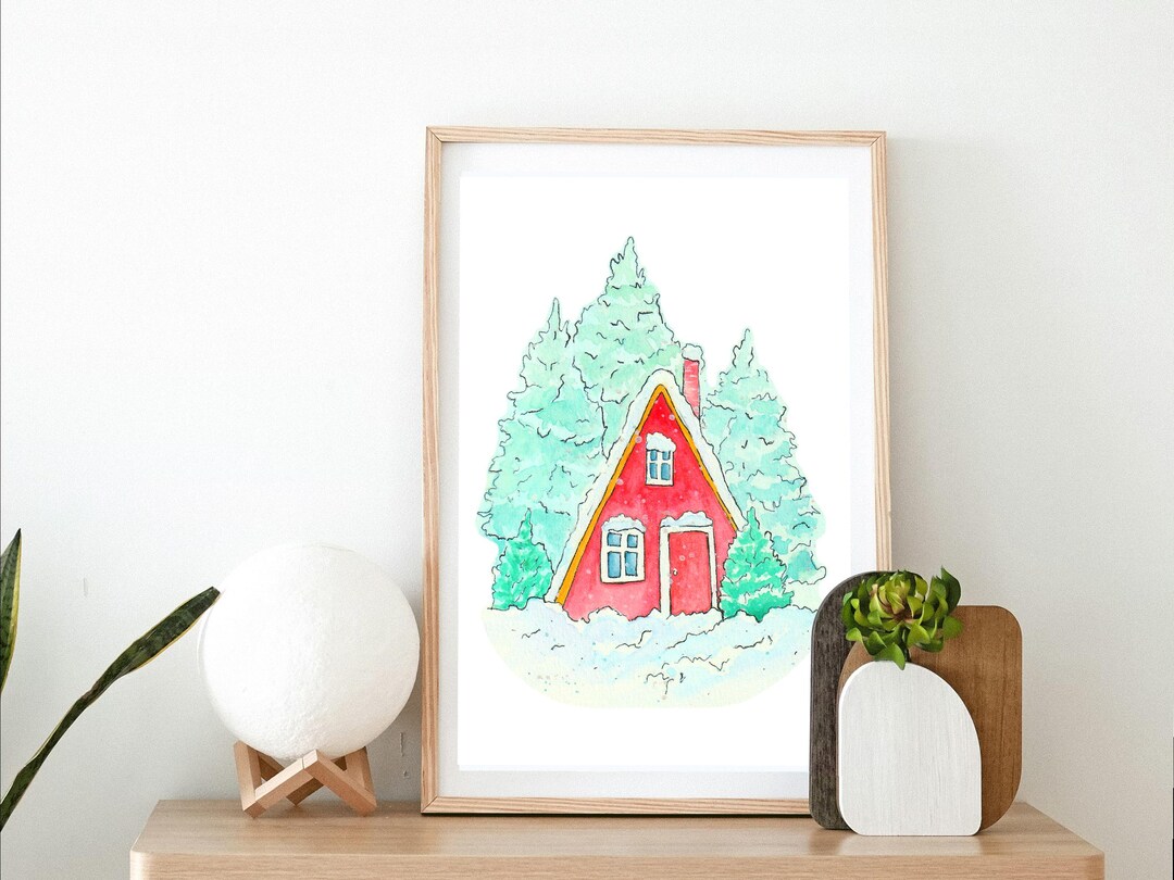Snowy Cabin Watercolor Art Print, Winter Woods Scene - Etsy