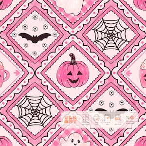 May include: A seamless digital pattern featuring a repeating diamond grid in shades of pink. The design includes illustrations of pink jack-o'-lanterns, black spiderwebs, black bats with small flowers, and white ghosts on a pink chequered background.