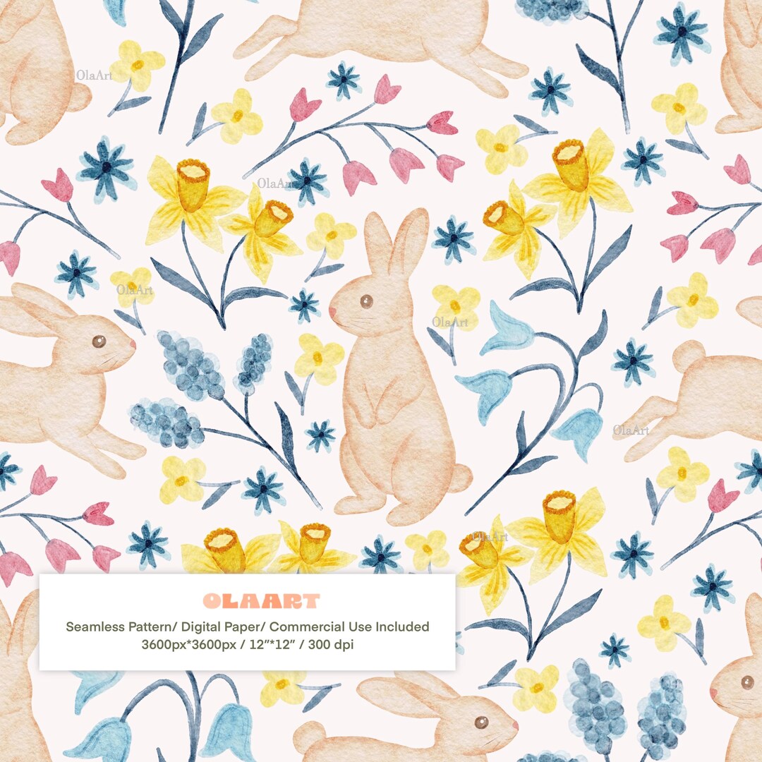 Seamless Easter Bunny Pattern Watercolor – Spring Floral Rabbit Digital ...