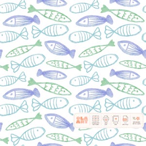 May include: Watercolor fish pattern in shades of blue and green on a white background. The design features various fish illustrations, each with unique details. The image includes the text "OLA ART" and design details.