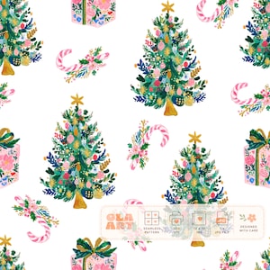 May include: A seamless digital pattern featuring watercolor illustrations of decorated Christmas trees, pink gift boxes with green bows, and candy canes on a white background. Text includes OLA ART, SEAMLESS PATTERN, 300 DPI, 12 x 12 INS, JPG FILE.
