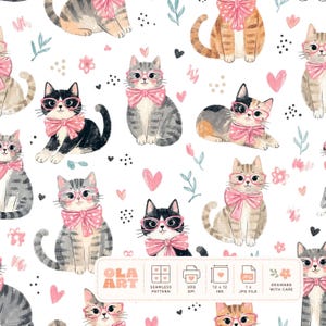 Söt katt sömlöst mönster, flickaktiga kattungar digitalt papper, rosa rosett katter upprepar, barnrumstygdesign