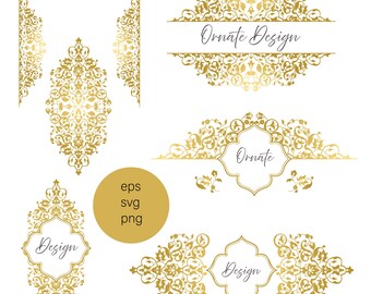 May include: Gold ornate design elements on a white background. The image features various decorative flourishes, frames, and borders with the words "Ornate Design" and "Design". A gold circle with the text "eps svg png" is also present.