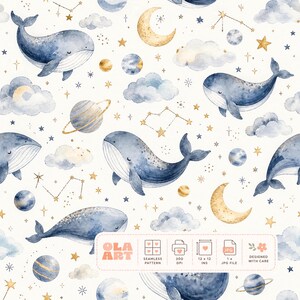 May include: Watercolor seamless pattern featuring whales, planets, moons, clouds, and stars in shades of blue, gold, and white. The design includes constellations and celestial elements, perfect for children's decor or fabric.
