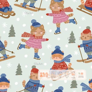 May include: A seamless pattern featuring illustrated cats in winter clothing, including sweaters, scarves, and knit hats. The cats are depicted ice skating, skiing, and sledding amidst small pine trees and snowflakes on a light green background. The text OlaArt is visible.