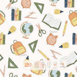 Nahtloses Muster für Schulmaterialien, Aquarell-Digitalpapier für den Schulanfang, Klassenzimmer-Basics, Druckvorlage für Lehrer, Muster für Kinder-Schreibwaren