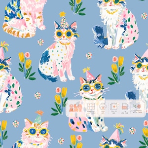 Whimsical Party Cats Seamless Pattern, Colorful Watercolor Cat Digital Paper, Cute Birthday Kitty Print, Fun Feline Pattern Download