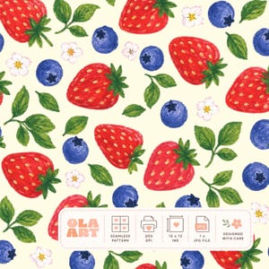 May include: A seamless pattern featuring red strawberries, blue blueberries, white flowers, and green leaves on a light yellow background. The design includes the text "OLA ART" and details about the pattern, including "12 x 12 INS" and "1 x JPG FILE."