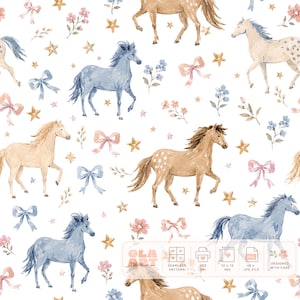 Patrón sin costuras de caballos en tonos pastel, estampado de ponis estilo dibujo a mano, diseño infantil de vaquera coqueta, papel digital equino adorable
