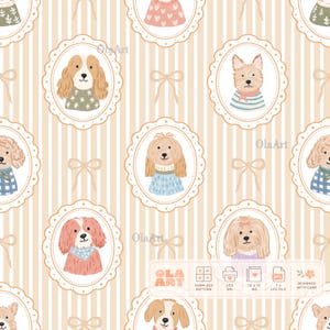 Puede incluir: Un patrón digital continuo con ilustraciones de varias razas de perros que llevan jerséis y bufandas, enmarcadas en bordes ovalados festoneados. El fondo consiste en rayas verticales de color beige y blanco con pequeños lazos.