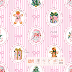 Puede incluir: Un patrón digital sin costuras con un fondo de rayas verticales en rosa claro y blanco, con marcos ovalados festoneados que contienen ilustraciones en acuarela de Santa Claus, galletas de jengibre, árboles de Navidad y regalos.