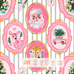 Op de afbeelding: Een naadloos digitaal patroon met roze ovale en sierlijke kaders met illustraties van de Kerstman, een hert, een cadeau met een gouden strik en een roze auto met een kerstboom, tegen een achtergrond met witte en grijze strepen.