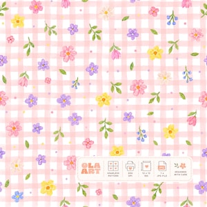 Nahtloses Vichy-Karo-Blumenmuster, niedliches Pastellblumenmuster, zarter Blumendruck, Cottagecore-Stil, Digitalpapier, wiederholendes Kachelmuster