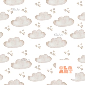 May include: Watercolor pattern featuring beige clouds and star clusters on a white background. The design is repeated across the surface, creating a whimsical and dreamy aesthetic. The OlaArt logo is visible in the lower right corner.