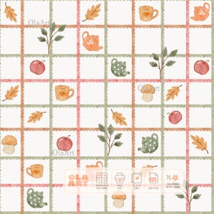 Puede incluir: Un patrón digital sin costuras con una cuadrícula de líneas festoneadas en verde y rosa apagados. Los cuadrados contienen ilustraciones en acuarela de teteras naranjas, tazas, manzanas rojas, setas marrones y ramas verdes sobre fondo blanco.