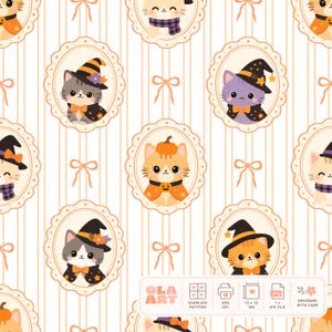 May include: Seamless pattern featuring cartoon cats in witch hats and capes, and pumpkin costumes, set against a striped background. The cats are framed in oval borders with bows. The color palette includes orange, gray, and white.