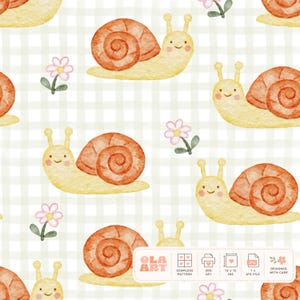 May include: Watercolor seamless pattern featuring smiling yellow snails with orange shells and small pink flowers on a light green and white checkered background. The pattern is labeled as a seamless pattern, 300 DPI, 12 x 12 inches, and a JPG file.