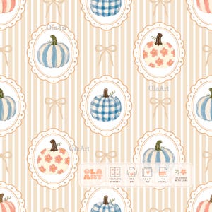 May include: A seamless digital pattern featuring illustrations of pumpkins in blue gingham, blue stripes, and pink floral prints, each enclosed in a scalloped oval frame with beige vertical stripes and small bows in the background.