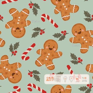 May include: A seamless pattern on a light green background featuring brown gingerbread people with white icing details, red and white striped candy canes, and green holly leaves with red berries. The text Ola Art is visible in the corner.