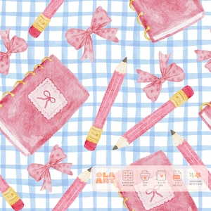 May include: A seamless pattern featuring watercolor illustrations of pink notebooks with gold rings, pink pencils with yellow erasers, and pink polka-dot bows set against a light blue and white checkered background. Includes text OLA ART.