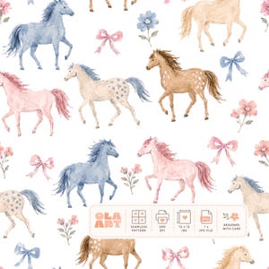 Puede incluir: Patrón de acuarela sin costuras con caballos en tonos azules, rosas y beige, intercalados con lazos y flores sobre un fondo blanco. El diseño incluye el texto "OLA ART" y detalles del producto.