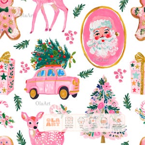 Può includere: Un motivo digitale senza cuciture con elementi natalizi rosa su sfondo bianco. Include un'auto rosa che trasporta un albero, un ritratto di Babbo Natale in cornice dorata, biscotti di pan di zenzero, cervi rosa, regali e un albero decorato.