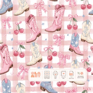 May include: A seamless pattern with watercolour cowboy boots in pink, blue, and cream, decorated with hearts and floral details. Pink bows and cherries are scattered on a pink and white gingham background. The design includes the text "OLA ART".