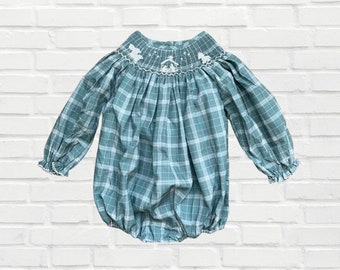 Petit Bebe Girls Blue Check Bishop Dress - Smocked Santa Faces