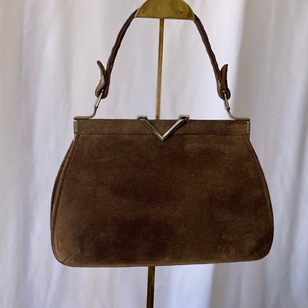 1950s Brown Suede Handbag with V Buckle in Excellent Condition