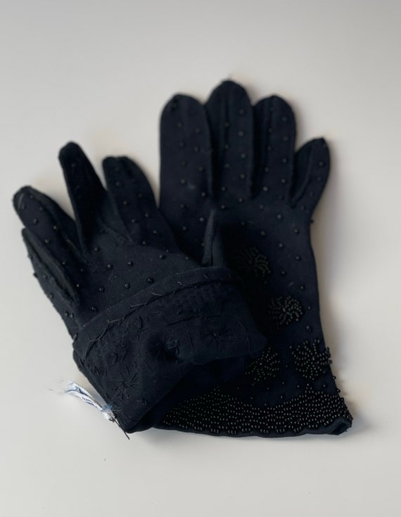 1950s Black Beaded Cotton Gloves, size 7.5 - image 2