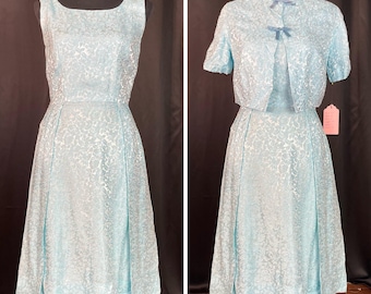 The LINDA Dress (size S): 1950s Sky Blue Dress and Shrug
