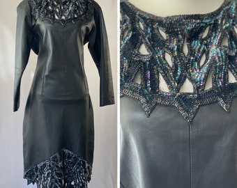 The MARCY Dress: 1980s Leather Dress with Sequins, Made in India, size L