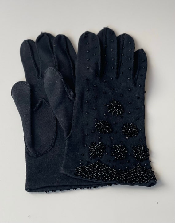 1950s Black Beaded Cotton Gloves, size 7.5 - image 1