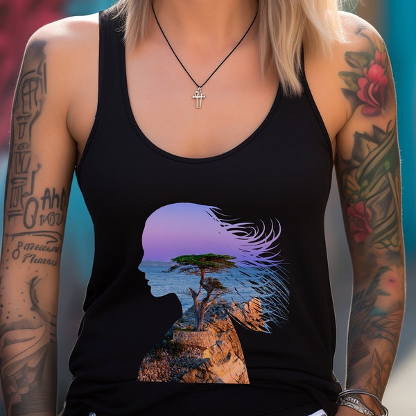 Loneliest Tree Women's Ideal Racerback Tank cotton poly blend with female silhouette cut out of photo of Lone Cypress gift for Mom