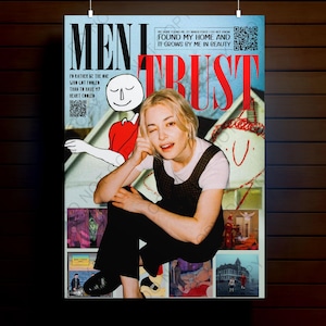 May include: A poster with the word "MEN" in large blue letters at the top left. The word "TRUST" is in large red letters. A woman is featured in the center of the poster. The poster has a collage of images and text.