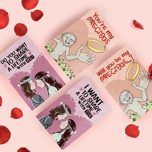 Four Valentine's Day Hand-drawn Art Cards Illustrations Lord of the Rings Inspired LOTR Gollum Aragorn Arwen (Digital Download)