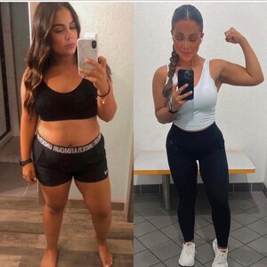 May include: A split image showing a before-and-after transformation. The left side features a person in black athletic shorts and a sports bra. The right side shows the same person in black leggings and a white tank top, flexing their arm.