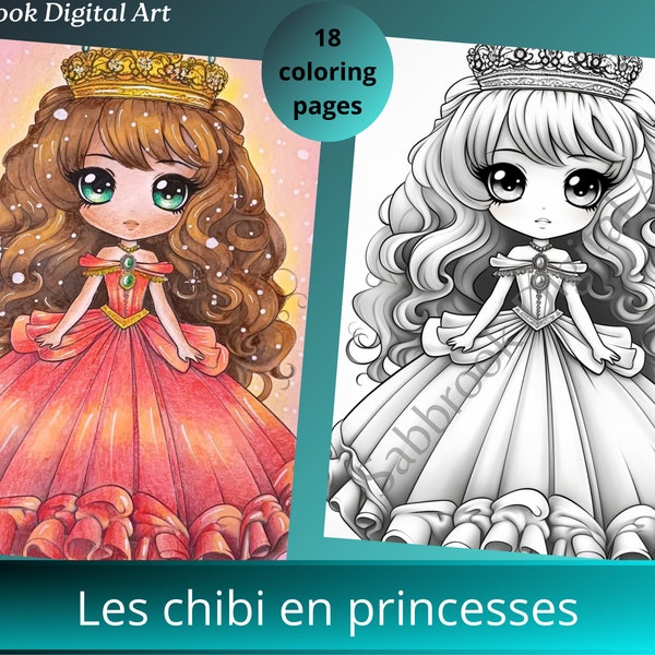 Les chibi en princesses / 18 pages à colorier / Format PDF / Téléchargement instantané