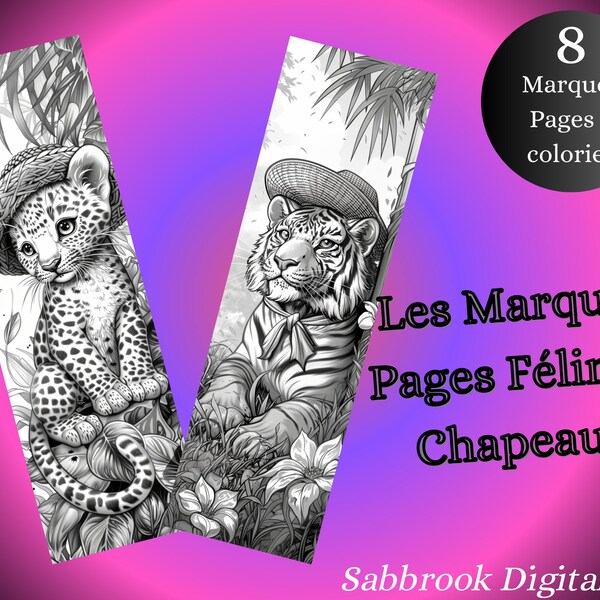 Les Marques Page Félins à Chapeaux / 8 pages à colorier / Format PDF / Téléchargement instantané