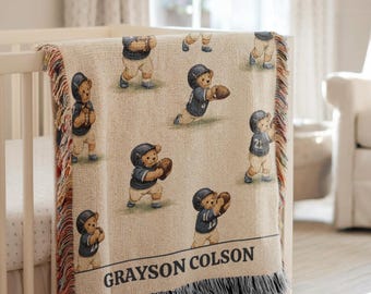 Personalized Vintage Sports Bear Woven Blanket Football Baby Gift Custom Name Boy Nursery Decor Heirloom Teddy Bear Throw