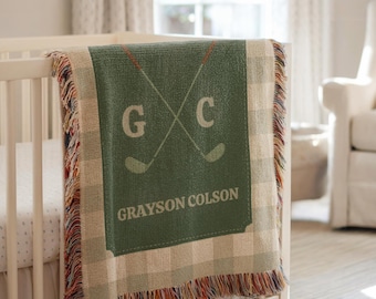 Personalisierte Golf Babydecke | Benutzerdefinierte Name Krippe werfen | Golf-Thema Babypartygeschenk | Gewebte Baumwolle Kinderzimmer Dekor | Neues Baby-Jungen-Geschenk