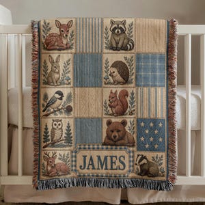 Couverture bébé personnalisée sur le thème de la forêt, jeté de chambre bleu patchwork, souvenir animalier personnalisé avec prénom