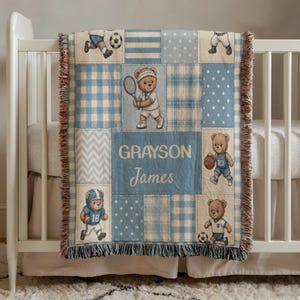 Personalized Sports Bear Blanket, Baby Boy Patchwork Throw, Custom Name Teddy Nursery Keepsake