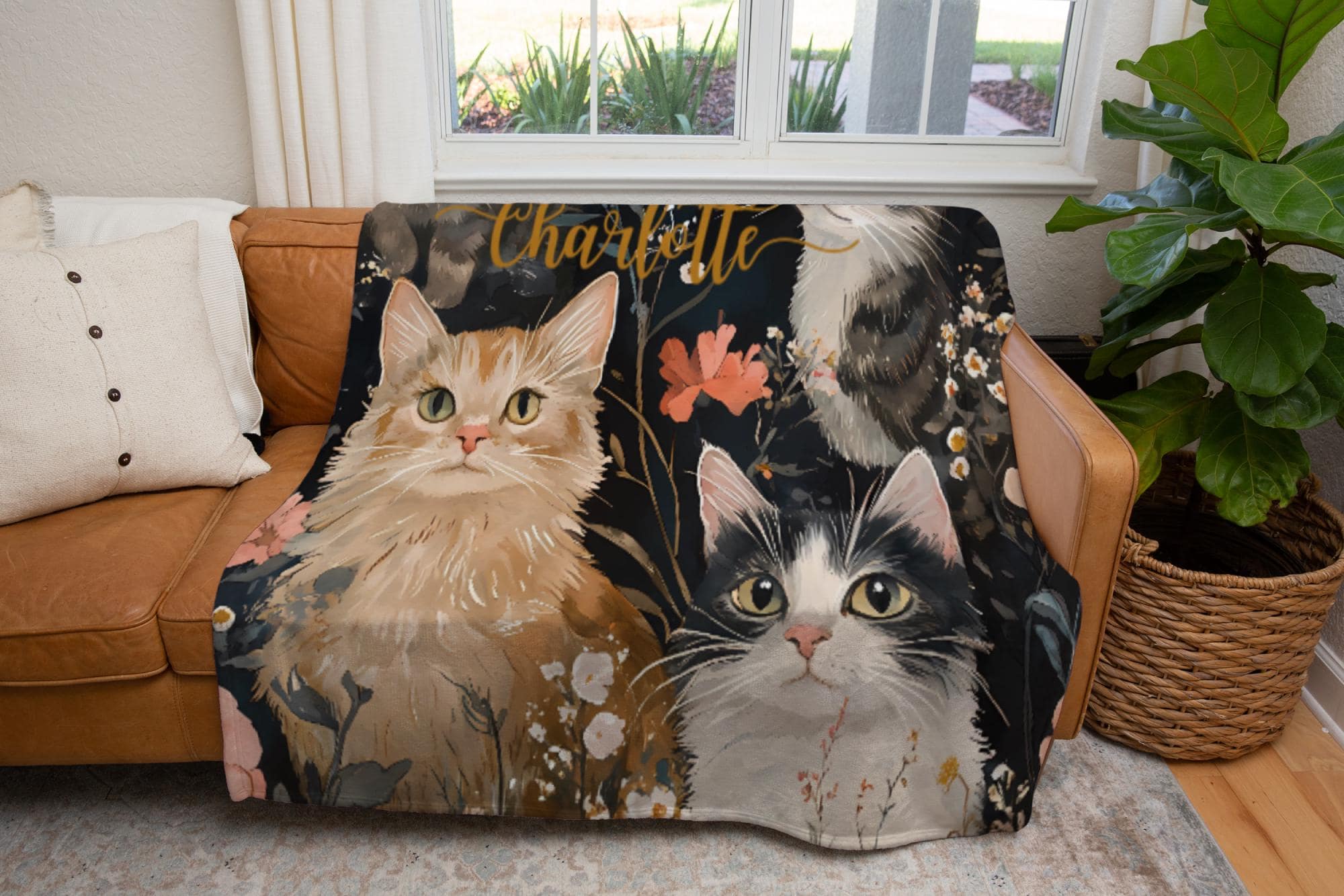 Personalized Cat Blanket: Floral Watercolor Sherpa Fleece Throw