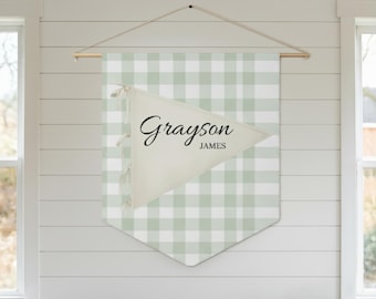 Personalized Name Pennant Banner | Gingham Nursery Wall Flag | Custom Baby Sign | Canvas Hanging | Baby Shower Gift