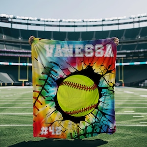 Personalized Softball Blanket: Tie-Dye Design, Custom Name & Number